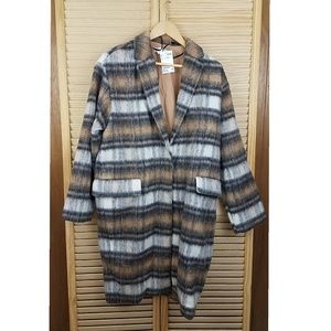 H&M Longline Wool Coat Plaid Brown Oversize Sz 10